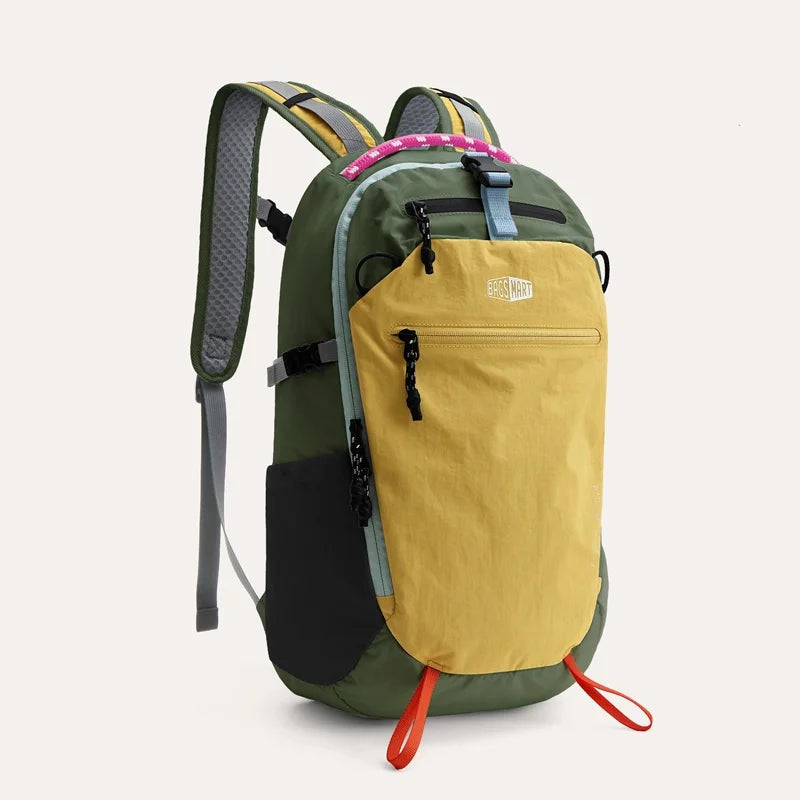 A olive green laptop backpack with a yellow front pocket and gray straps.
