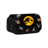 Black pencil case featuring various dinosaur and prehistoric animal designs on the exterior.