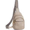 A beige PU leather chest sling bag with a striped brown strap and gold hardware.