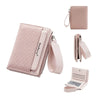 A light pink women's zip-around wallet with card slots and a coin pocket shown in various views.