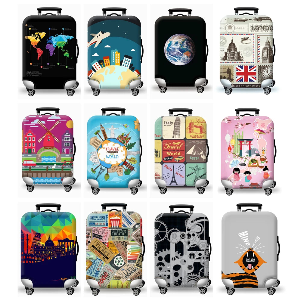 A collection of colorful and patterned thick elastic luggage protective covers for various suitcases and trolleys.