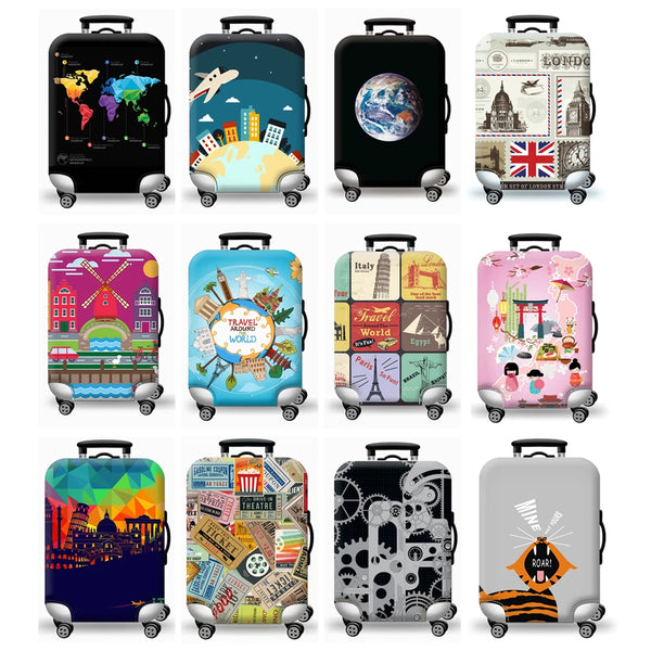 A collection of colorful and patterned thick elastic luggage protective covers for various suitcases and trolleys.