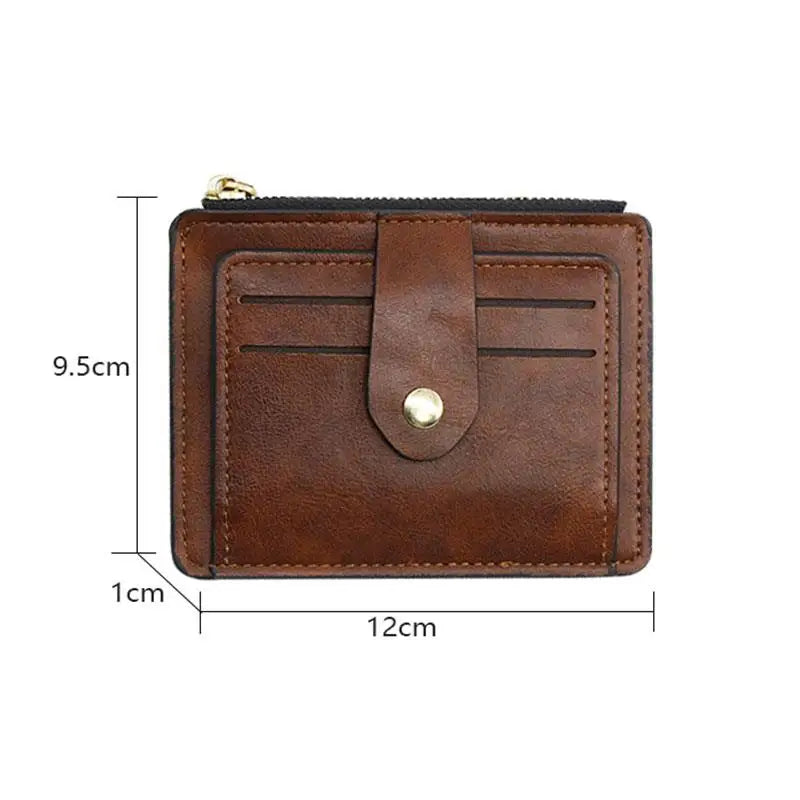 A brown leather card holder wallet with a flap and coin pocket shown in a side view.