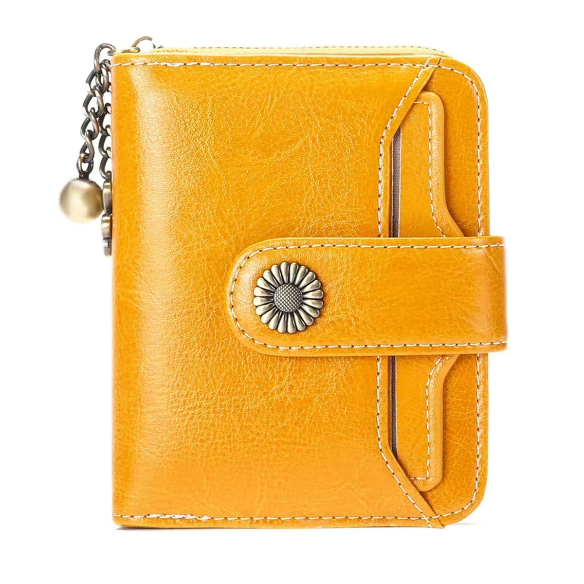 A bright yellow leather wallet with a clasp closure and card slots.