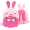 A pink cartoon rabbit plush backpack with long ears and a pink pouch.