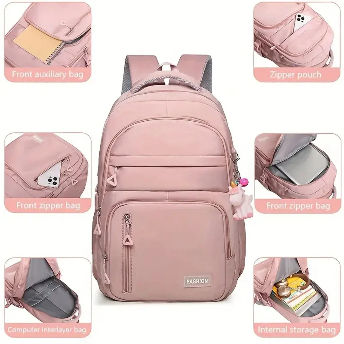 A pink versatile travel backpack shown with various storage features like front auxiliary bags and internal layers.