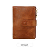 A brown leather minimalist triple layer card holder wallet with a gold zipper.