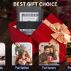A red gift box containing a minimalist metal card holder with an expandable backplate, presented for various recipients.