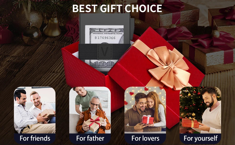A red gift box containing a minimalist metal card holder with an expandable backplate, presented for various recipients.