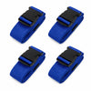 Four blue adjustable luggage straps with black buckles shown from different angles.