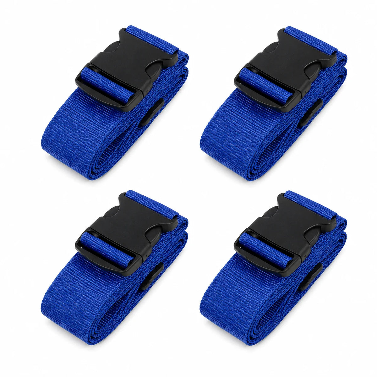 Four blue adjustable luggage straps with black buckles shown from different angles.