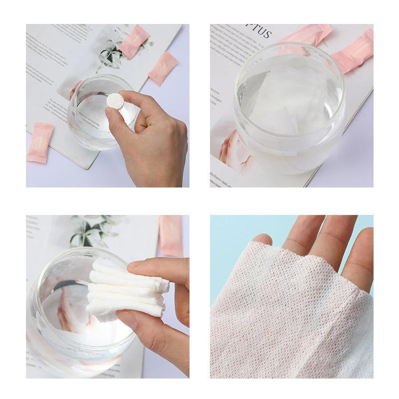 Des mains utilisent des serviettes en coton compressées réutilisables pour essuyer un verre d'eau.