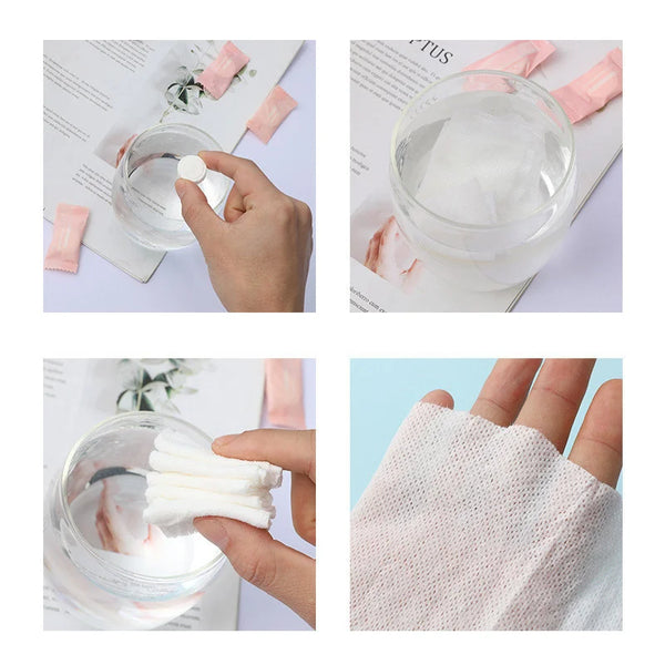 Hands are shown using reusable compressed cotton face towels to wipe a glass of water.