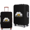 A black rolling suitcase with a dust cover featuring a yellow sunflower design and the text BEAUTIFUL CONFUSION.