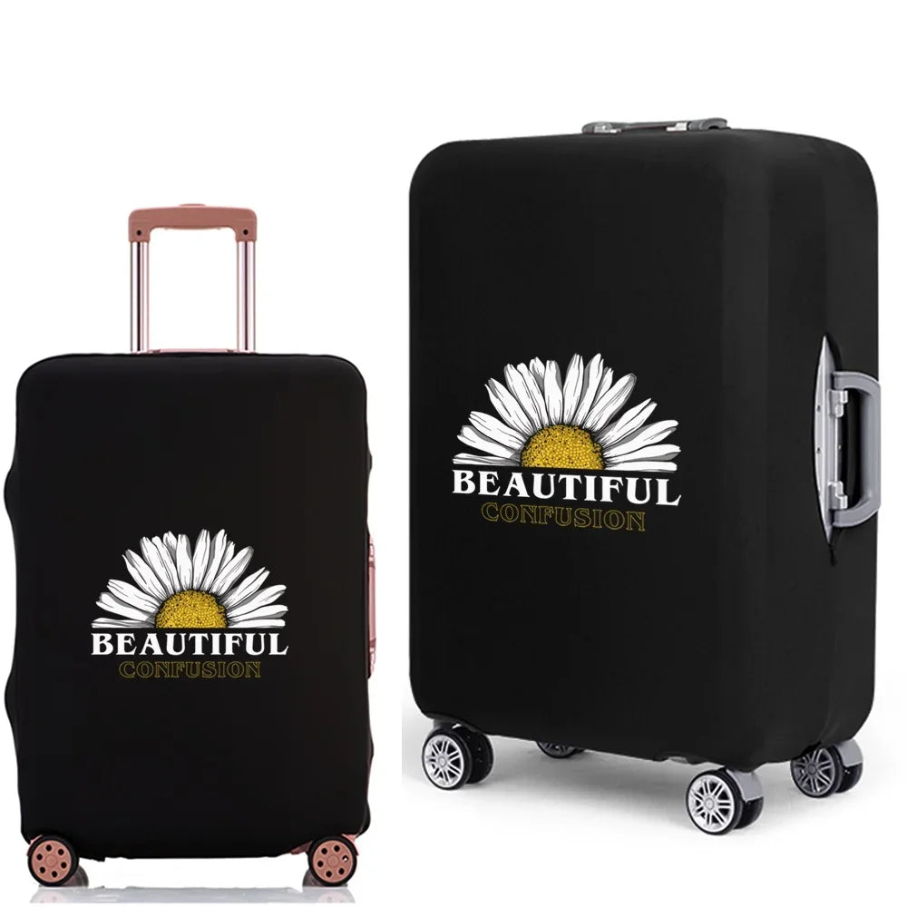 A black rolling suitcase with a dust cover featuring a yellow sunflower design and the text BEAUTIFUL CONFUSION.