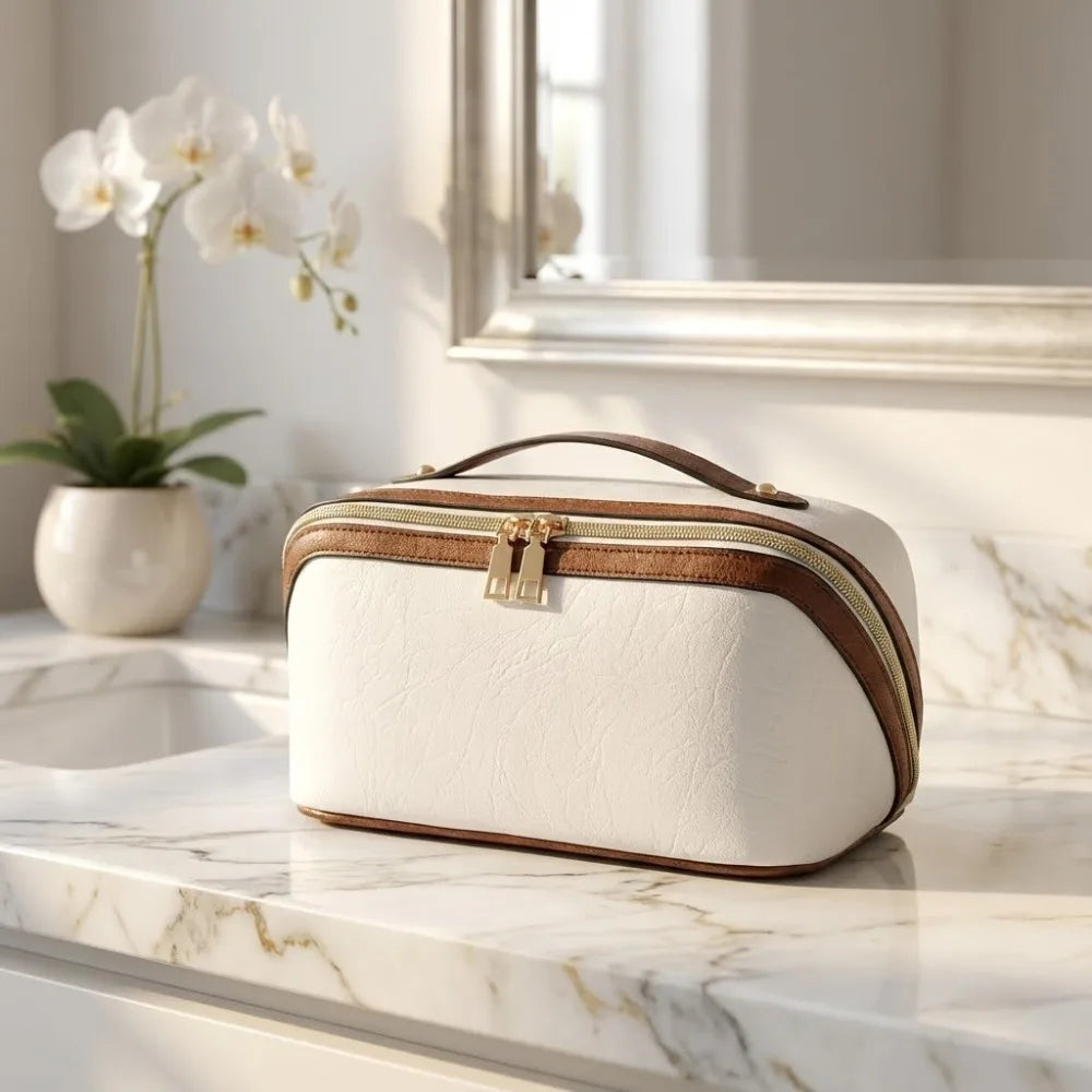 A cream-colored PU leather travel cosmetic organizer bag resting on a marble surface next to a white orchid.