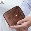 A brown genuine leather wallet is held in a hand against a white shirt background.