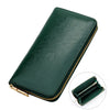 A dark green genuine leather zipper wallet shown from the side and an inset view of the interior.