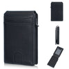 A black men's PU leather RFID blocking card holder wallet shown with its folded and unfolded versions.