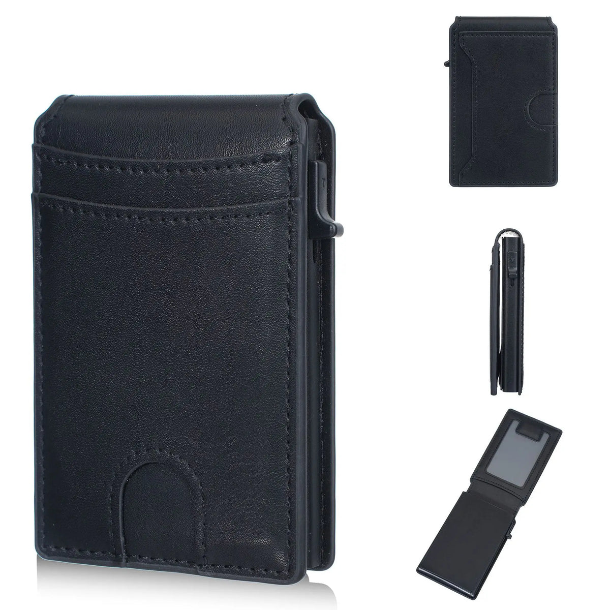 A black men's PU leather RFID blocking card holder wallet shown with its folded and unfolded versions.