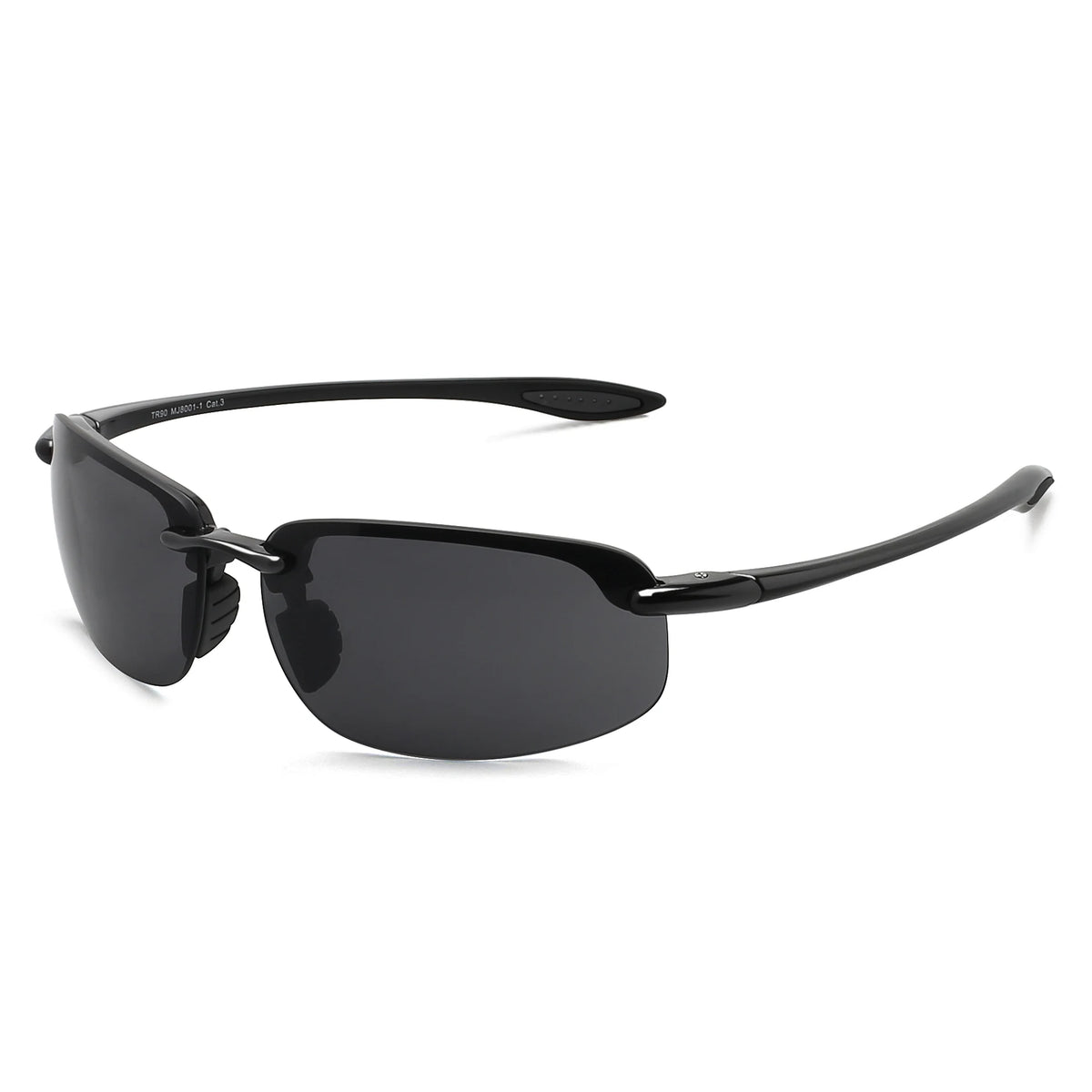 Black rimless polarized sports sunglasses viewed from the front