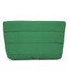 A dark green quilted cosmetic travel bag with a gold zipper detail.