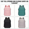 Three versions of a full opening and closing carry-on luggage backpack in pink, teal, black, and light gray.