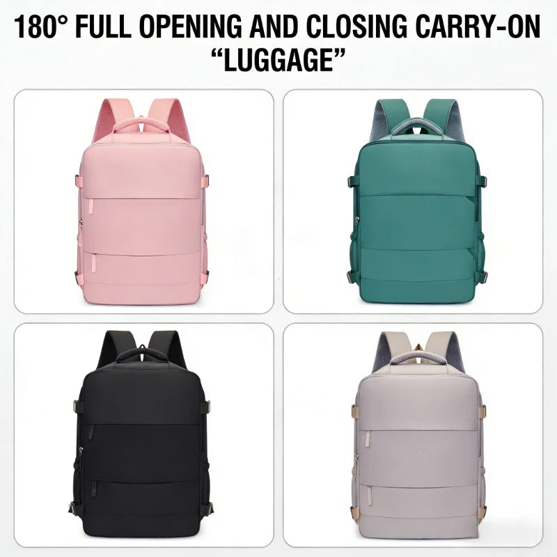 Three versions of a full opening and closing carry-on luggage backpack in pink, teal, black, and light gray.