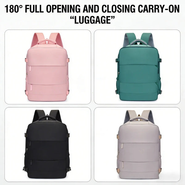 Three versions of a full opening and closing carry-on luggage backpack in pink, teal, black, and light gray.