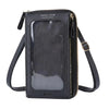 Schwarze modische UYHM Touchscreen-Crossbody-Handytasche mit klarem Fenster und goldfarbenen Beschlägen.