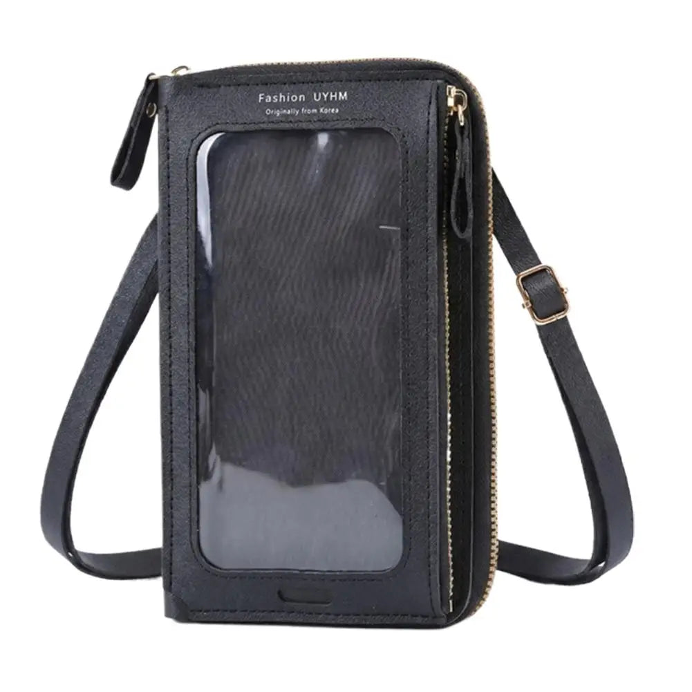 Schwarze modische UYHM Touchscreen-Crossbody-Handytasche mit klarem Fenster und goldfarbenen Beschlägen.