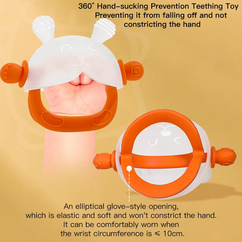 A white and orange hand-sucking teether with a bunny design shown being used on a hand.