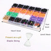 A plastic tray containing various colored polymer clay beads and an elastic string for bracelet making