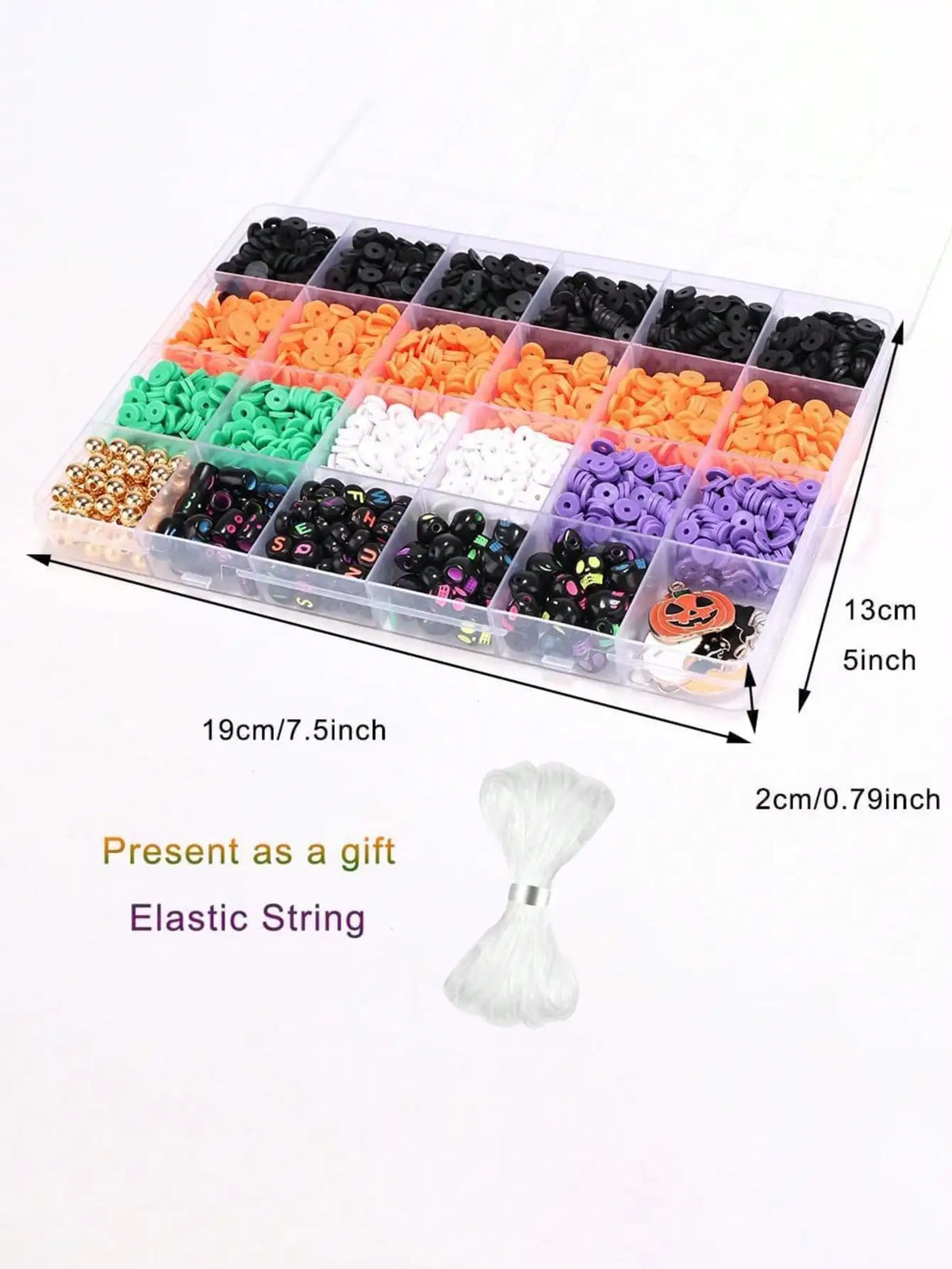 A plastic tray containing various colored polymer clay beads and an elastic string for bracelet making