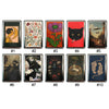 Ten art deco metal card holders featuring various floral, animal, and landscape designs in different colors