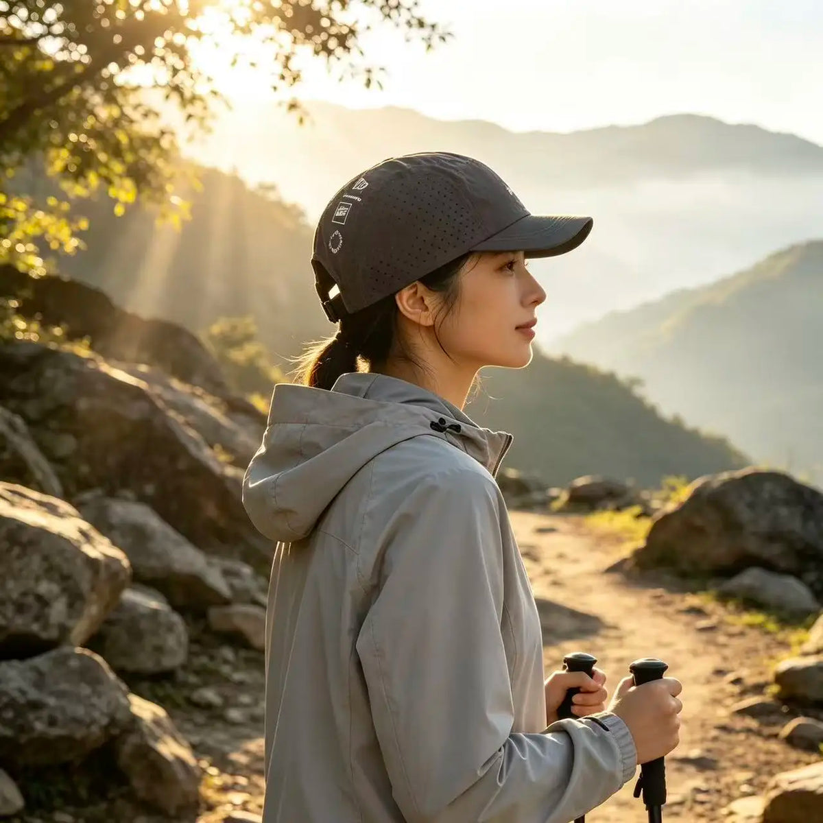 A woman wearing a gray hoodie and a black mesh baseball cap stands outdoors with mountains in the background during sunset.
