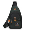Black compact oxford crossbody sling bag with orange accents and a sporty design.