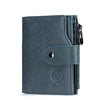 A dark gray genuine leather men's business wallet with a stitched closure and a lion emblem.