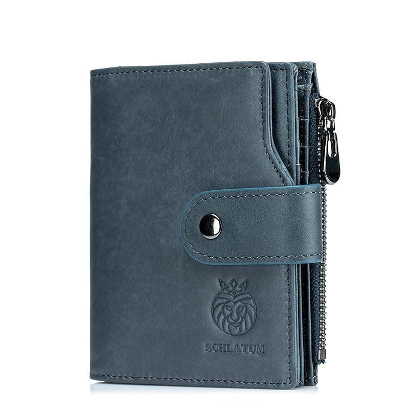 A dark gray genuine leather men's business wallet with a stitched closure and a lion emblem.