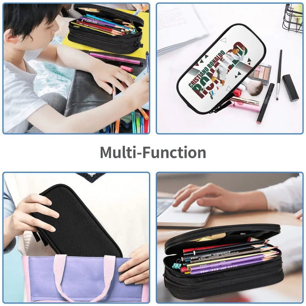 A multi-function leather pencil case shown in various colors and angles for school and office use.