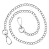 A silver adjustable metal bag strap chain coiled in a circular shape.