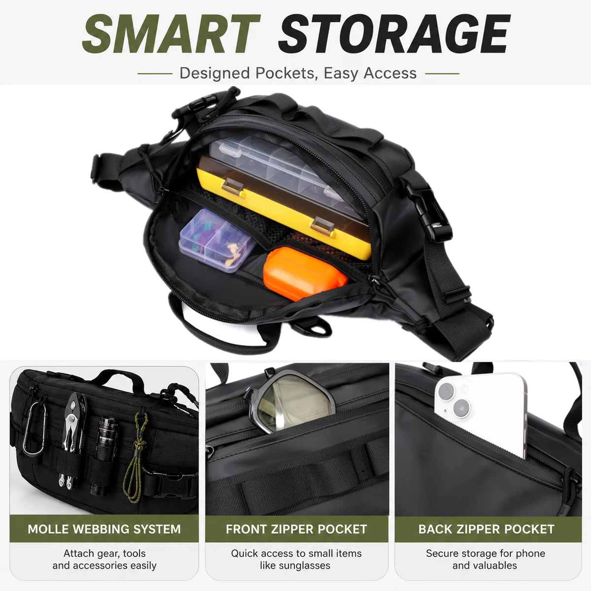 Black tactical sling waist pack designed with pockets for easy access and storage