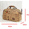 A tan PU leather travel duffel bag with a canvas print design shown in a side profile.