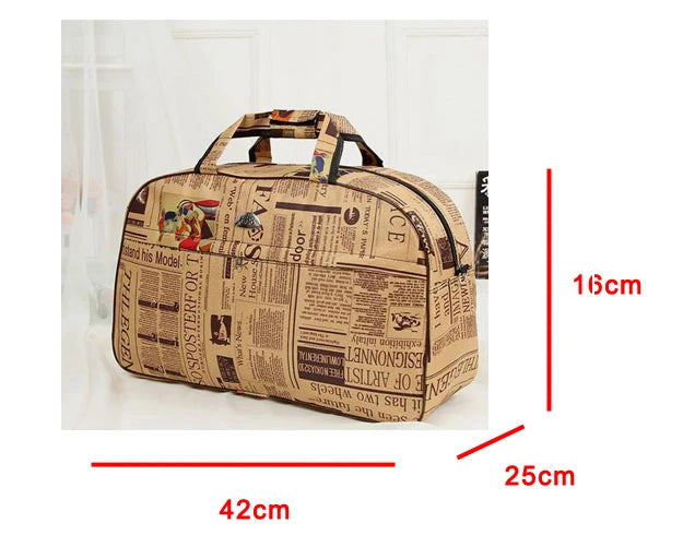 A tan PU leather travel duffel bag with a canvas print design shown in a side profile.
