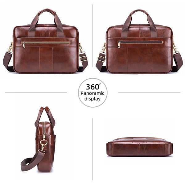 A brown genuine leather briefcase for men shown in multiple angles, including a full view and a 360-degree panoramic display.