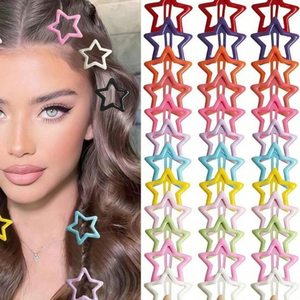 A close-up of a model wearing a set of colorful vintage star hair clips in various shades.