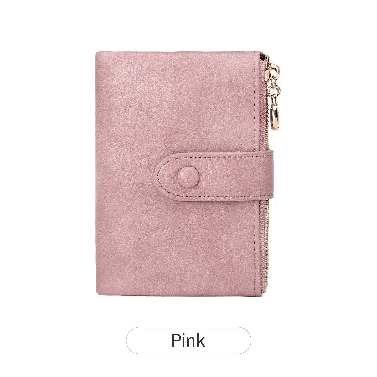 A pink women's minimalist triple layer card holder wallet with a flap and gold-toned zipper.