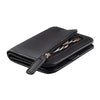 A black compact bi-fold leather wallet with a gold-toned zipper and leather strap.