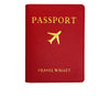 A red PU leather passport holder with gold foil printing of an airplane symbol and the word PASSPORT.