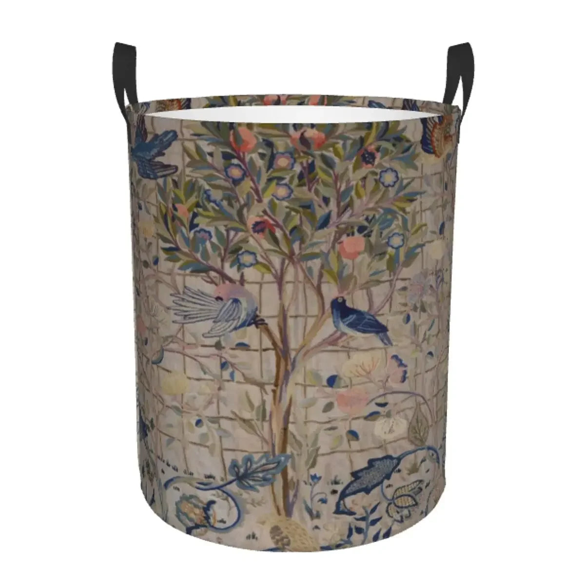 A vintage floral laundry hamper with a light beige fabric and green metal wire frame.